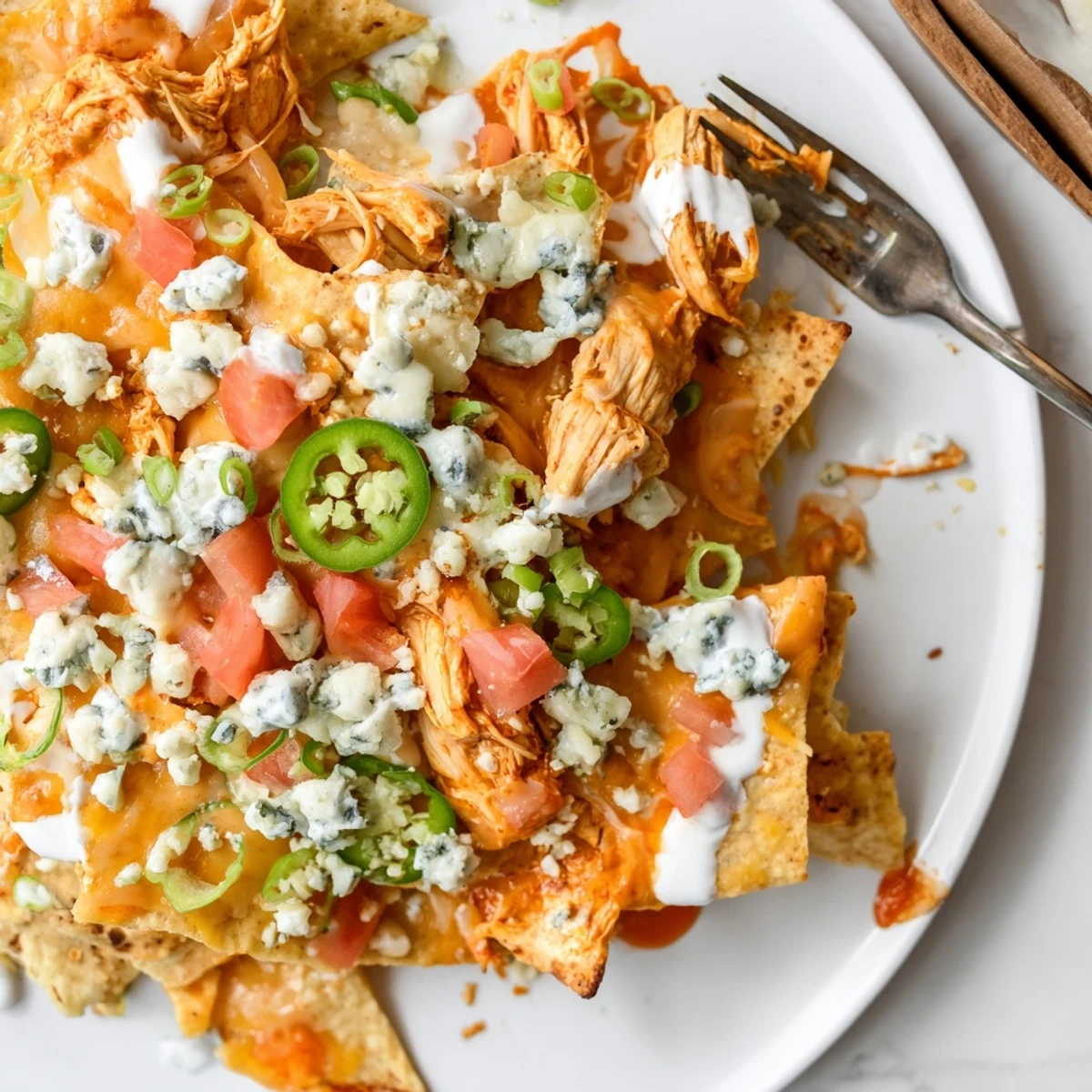 Late night game day Buffalo Chicken Nachos on a baking sheet, ranch drizzled