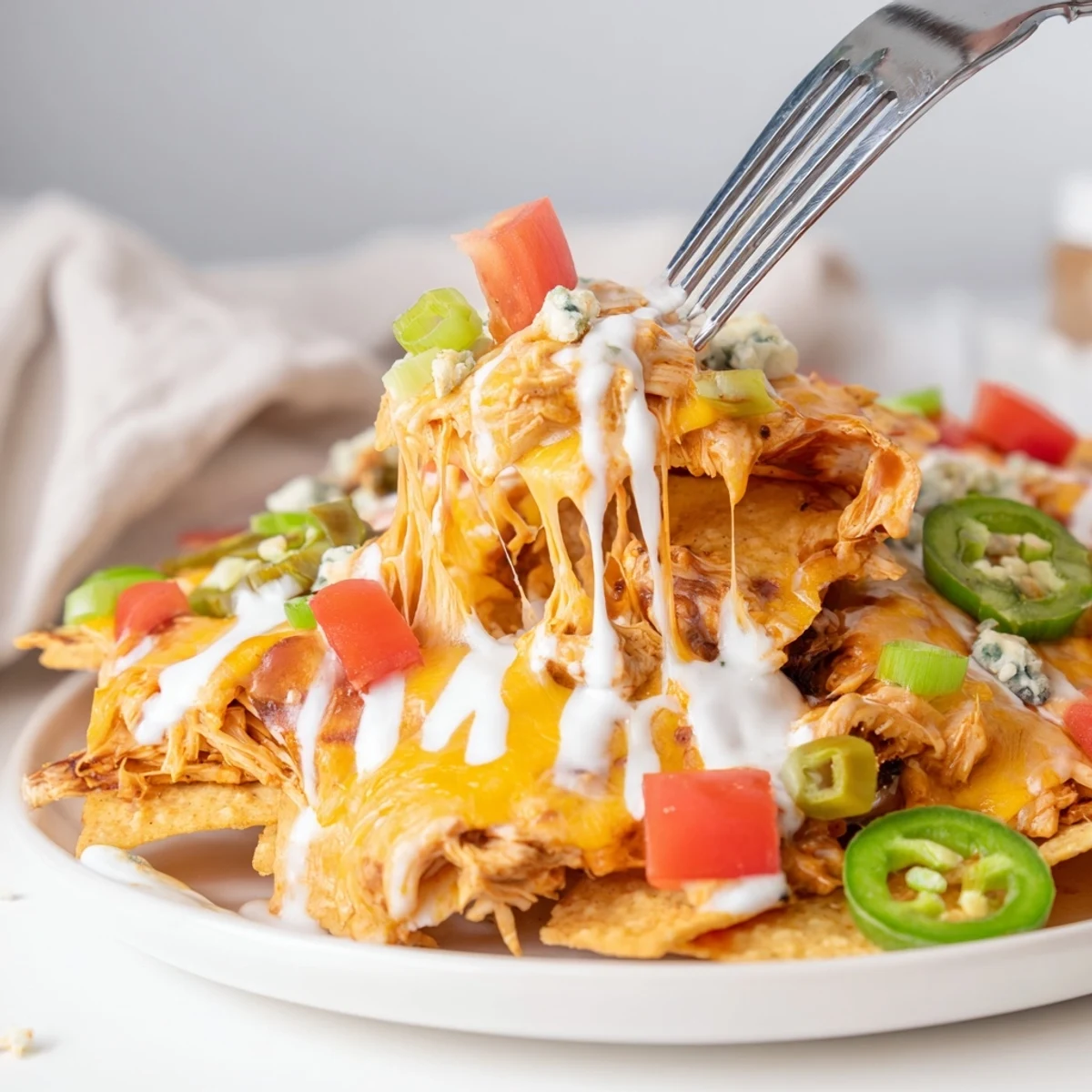Crispy tortilla bed holding Buffalo Chicken Nachos, melted cheddar, diced tomatoes, green onions