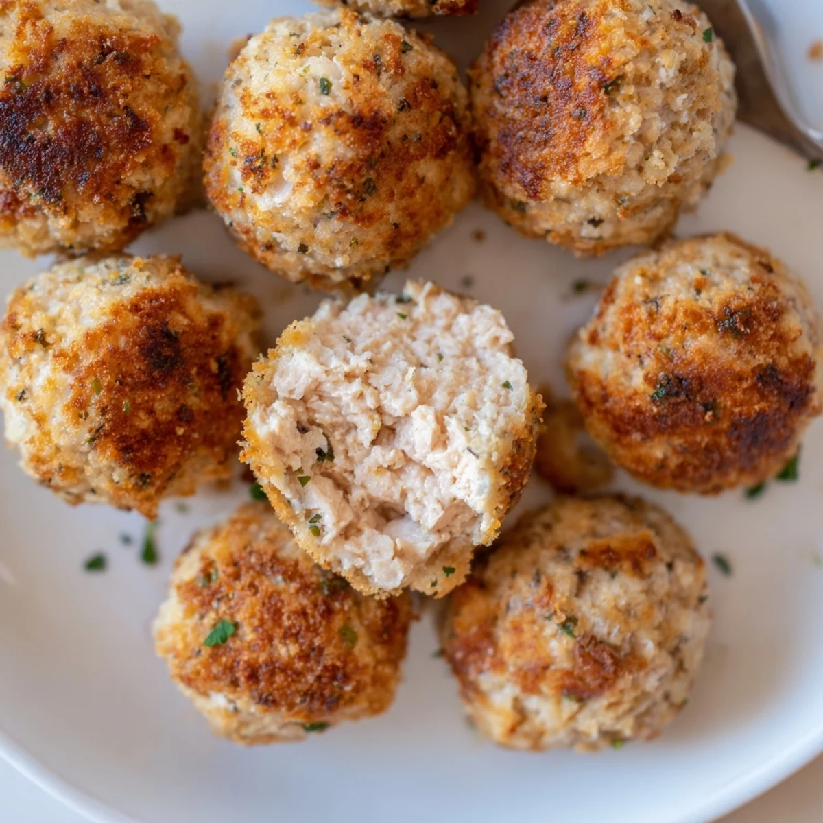 Juicy Chicken Meatballs glistening with olive oil, golden-crisp exterior, steaming.