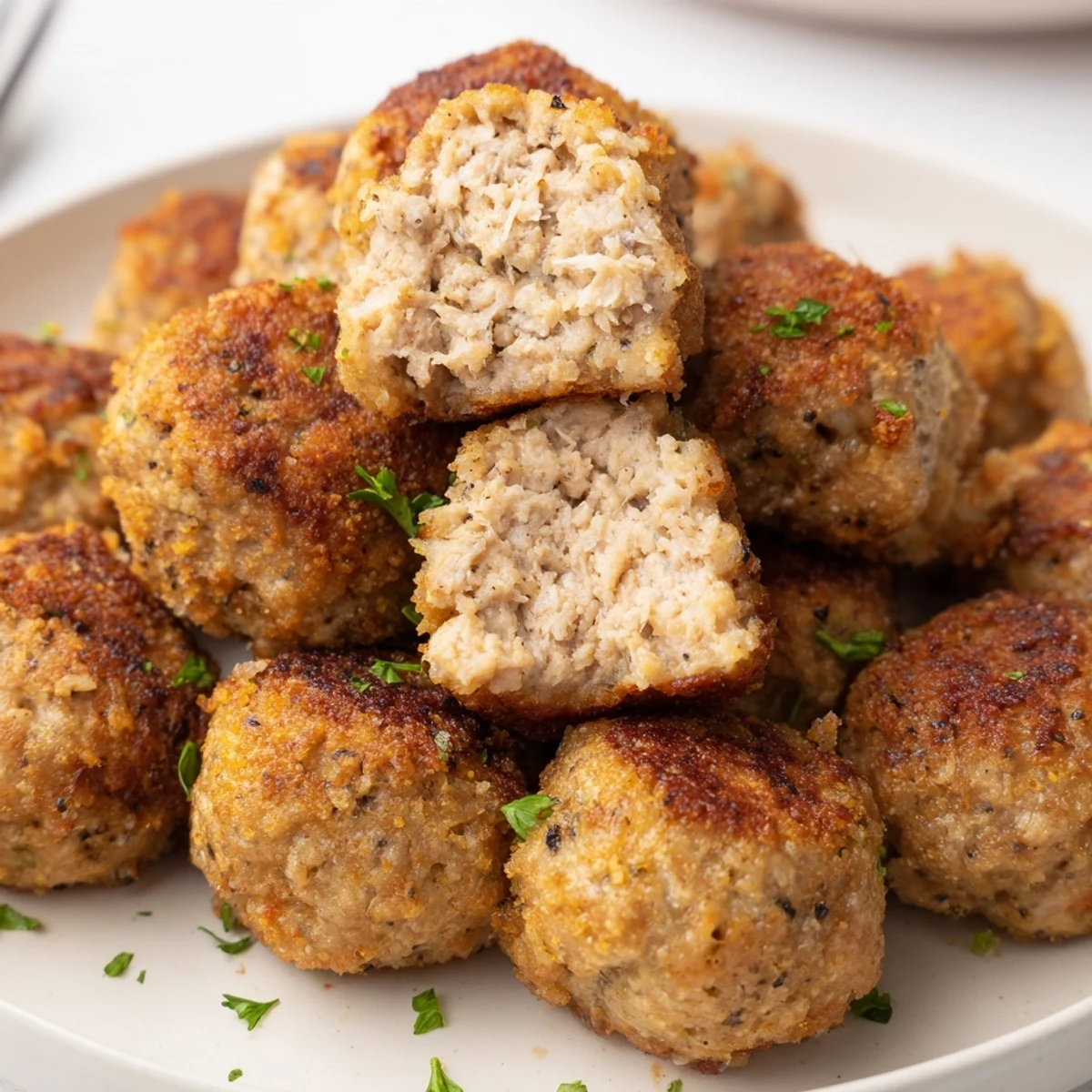Skillet-seared Juicy Chicken Meatballs served over pasta with tangy tomato sauce.