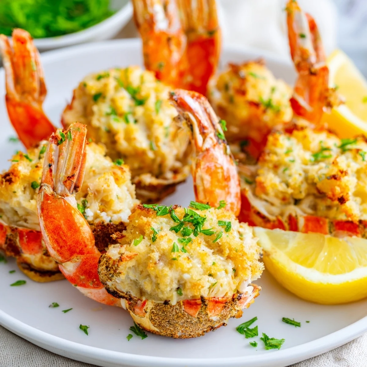 Plated Crab Cake Stuffed Shrimp With Cowboy Butter, drizzled warm, garnished lemon