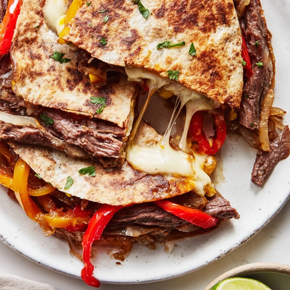 Warm Sweet Savory Beef Quesadillas recipe served with tangy lime and sour cream.