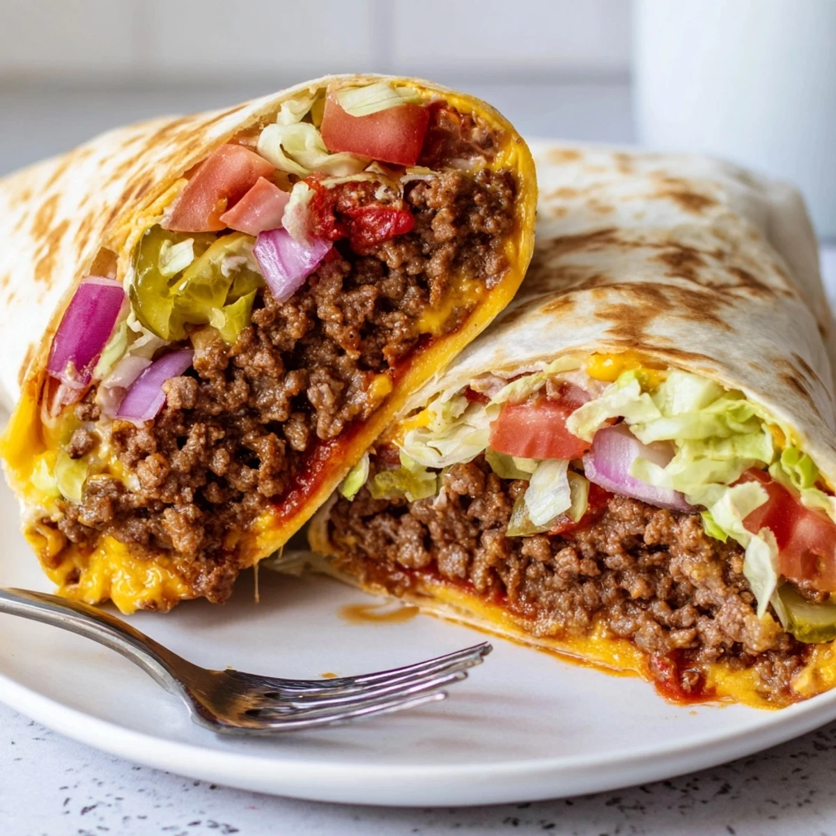 Cheeseburger Wrap Recipe with melty cheddar, juicy beef, crisp lettuce