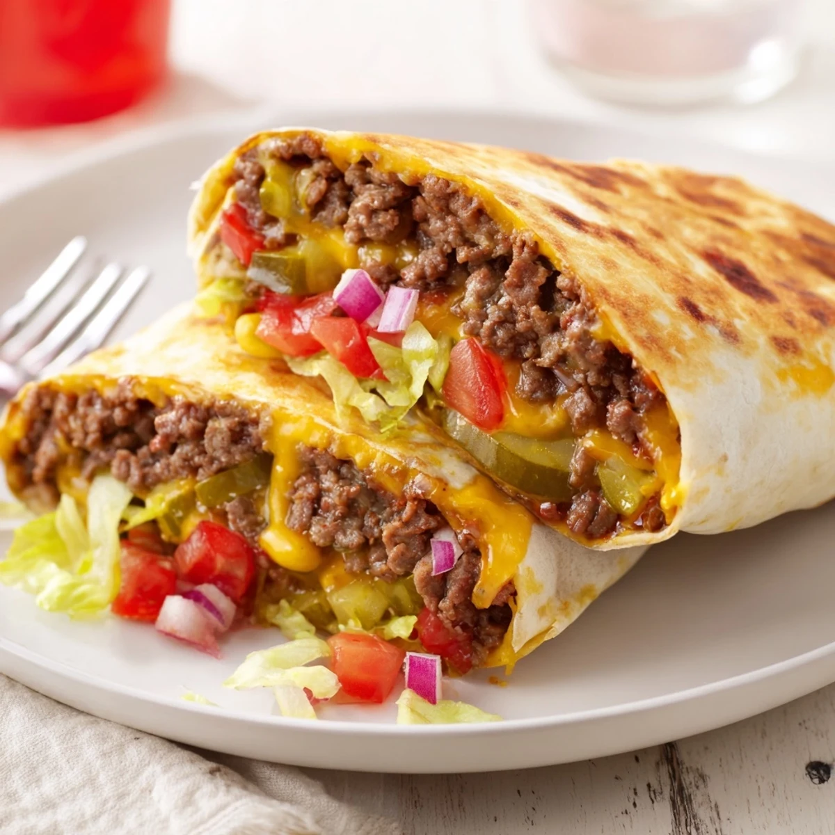 Warm Cheeseburger Wrap Recipe grilled to golden crisp, served with pickles
