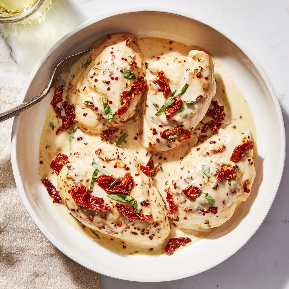 Slow simmered Dump And Go Crockpot Marry Me Chicken topped with fresh basil