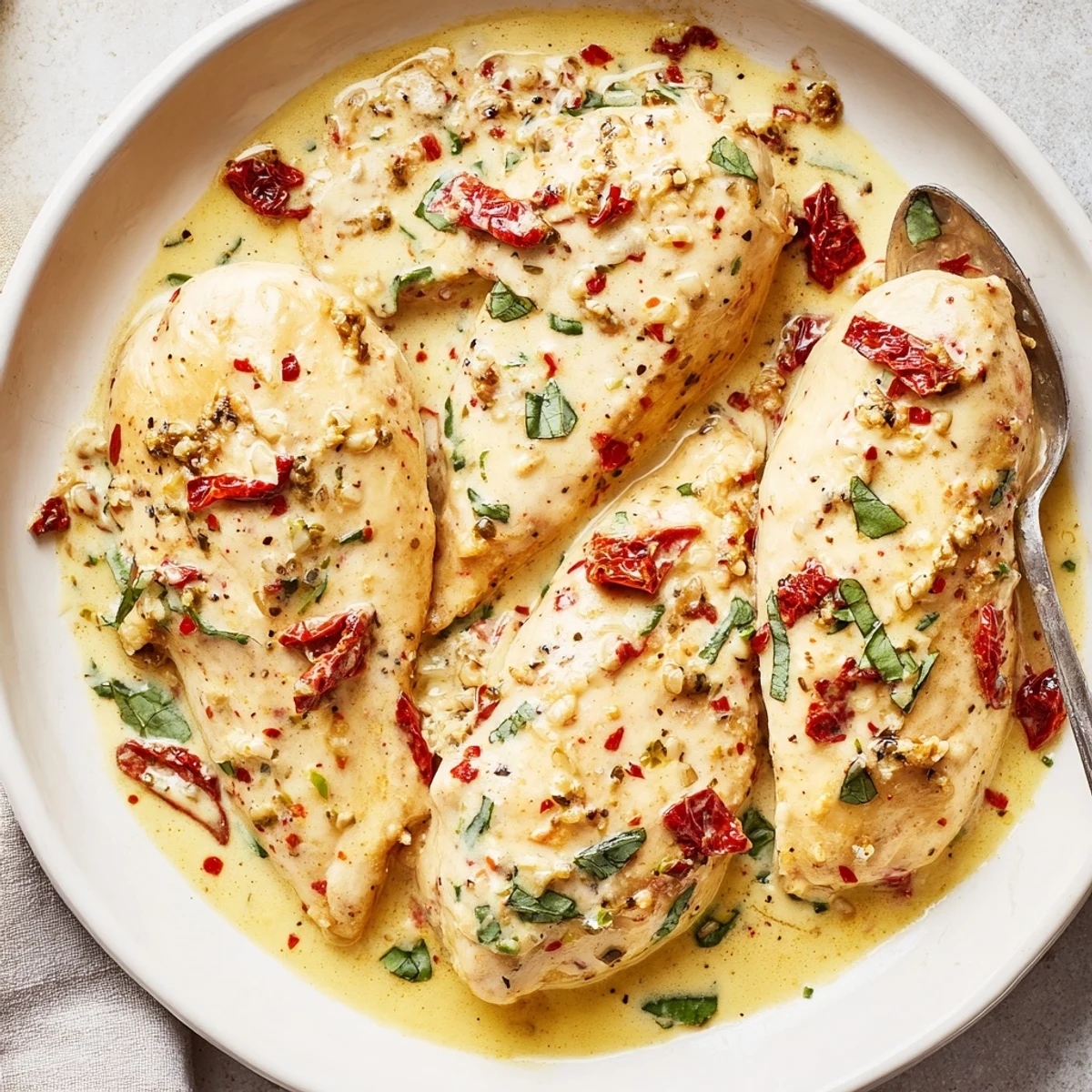 Dump And Go Crockpot Marry Me Chicken in creamy sauce with sun-dried tomatoes
