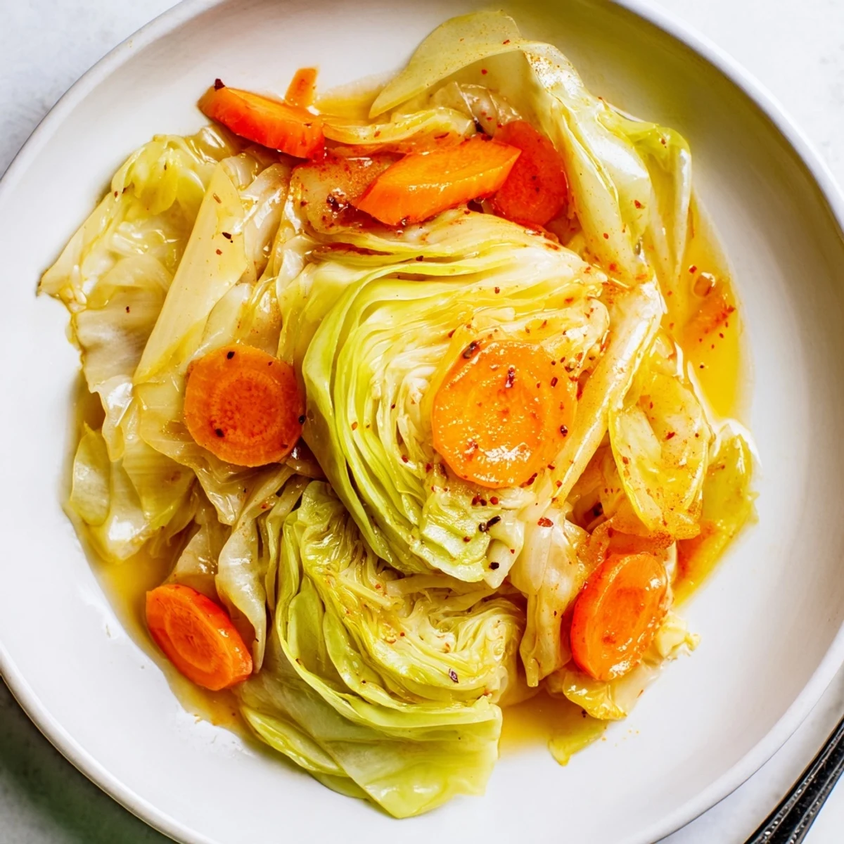 Homestyle Savory Braised Cabbage Recipe garnished with fresh parsley, served piping hot