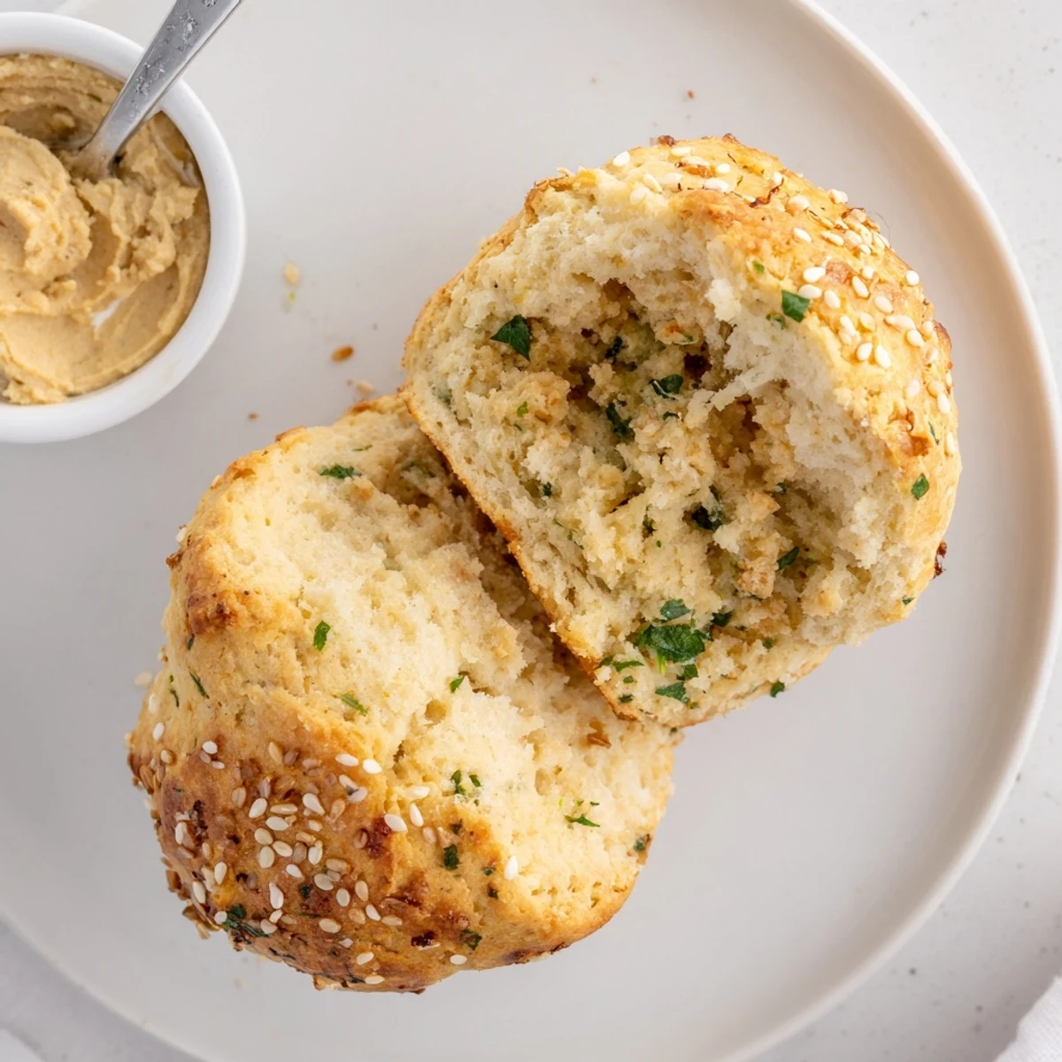Humous Scones studded with chives and feta, steaming on parchment