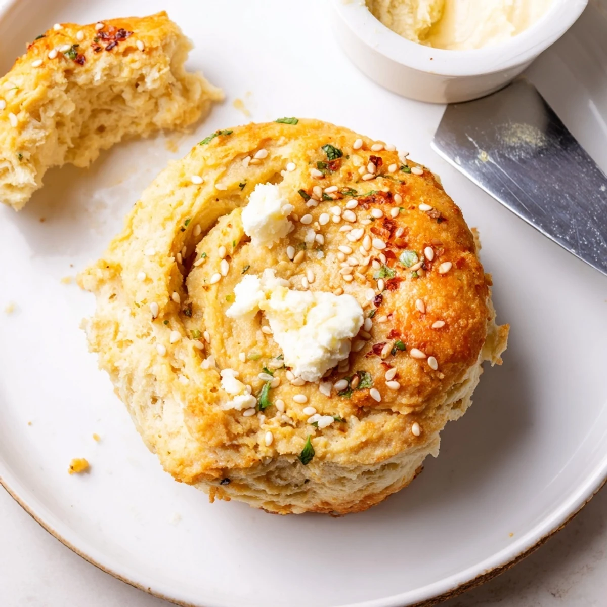 Plate of Humous Scones served with creamy yogurt dip, sesame garnish