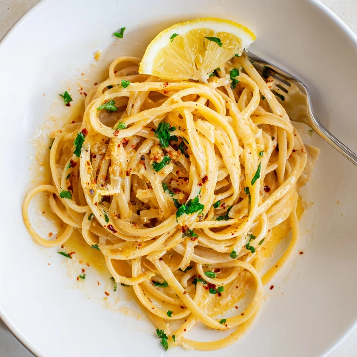 Skillet tossed Cowboy Butter Pasta Recipe topped with parmesan, chopped parsley, lemon wedge