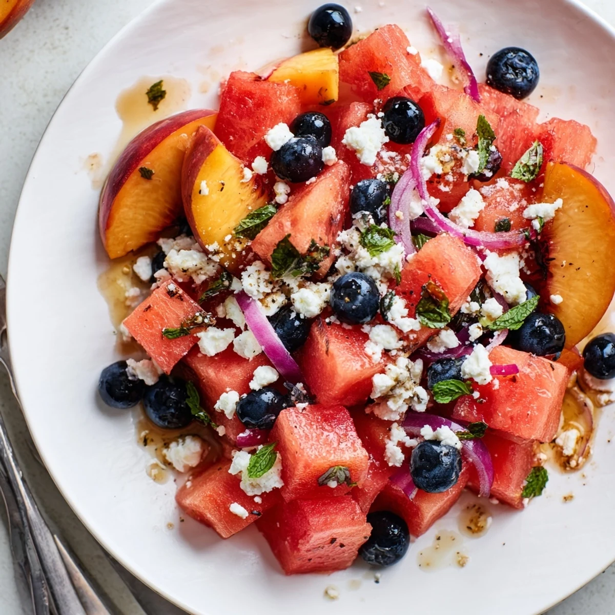 Peach Watermelon Salad With Feta bursting with juicy sweetness, creamy tang, and mint