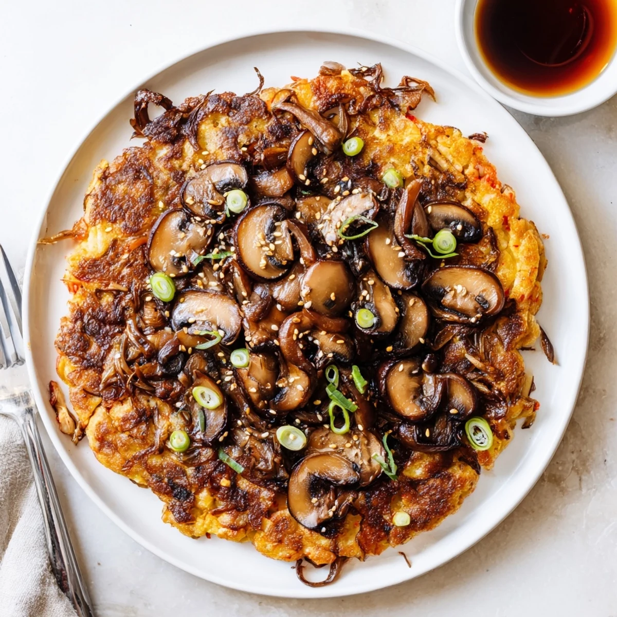 Vegan Kimchi Pancake With Tamari Mushrooms sizzling golden, topped with scallions and dipping sauce.