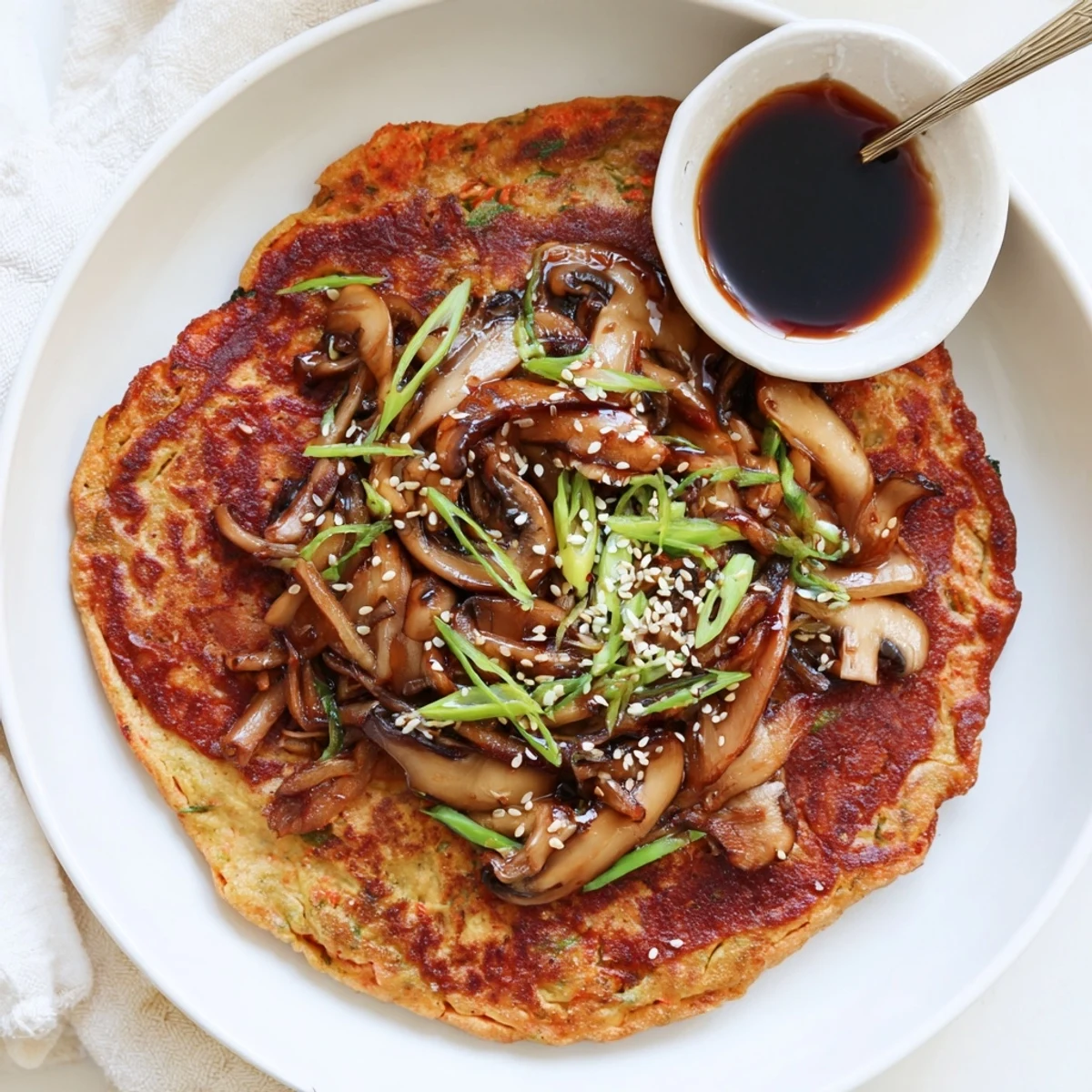 Pan-fried Vegan Kimchi Pancake With Tamari Mushrooms, crunchy edges and tangy kimchi.