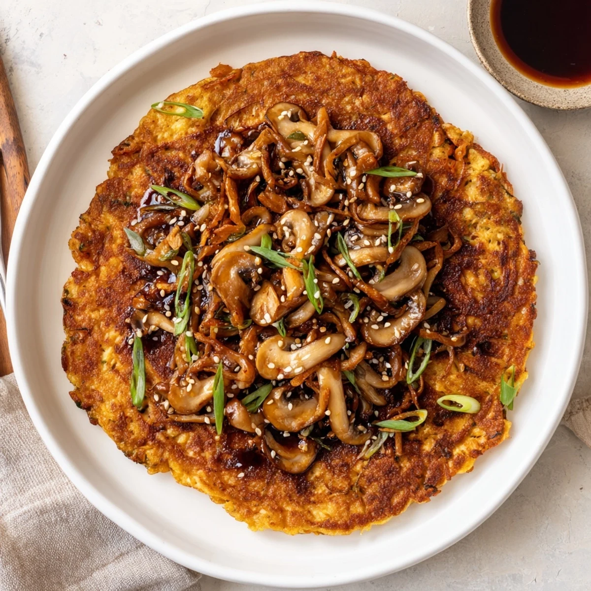 Close-up of Vegan Kimchi Pancake With Tamari Mushrooms drizzled sesame oil, ready to share.