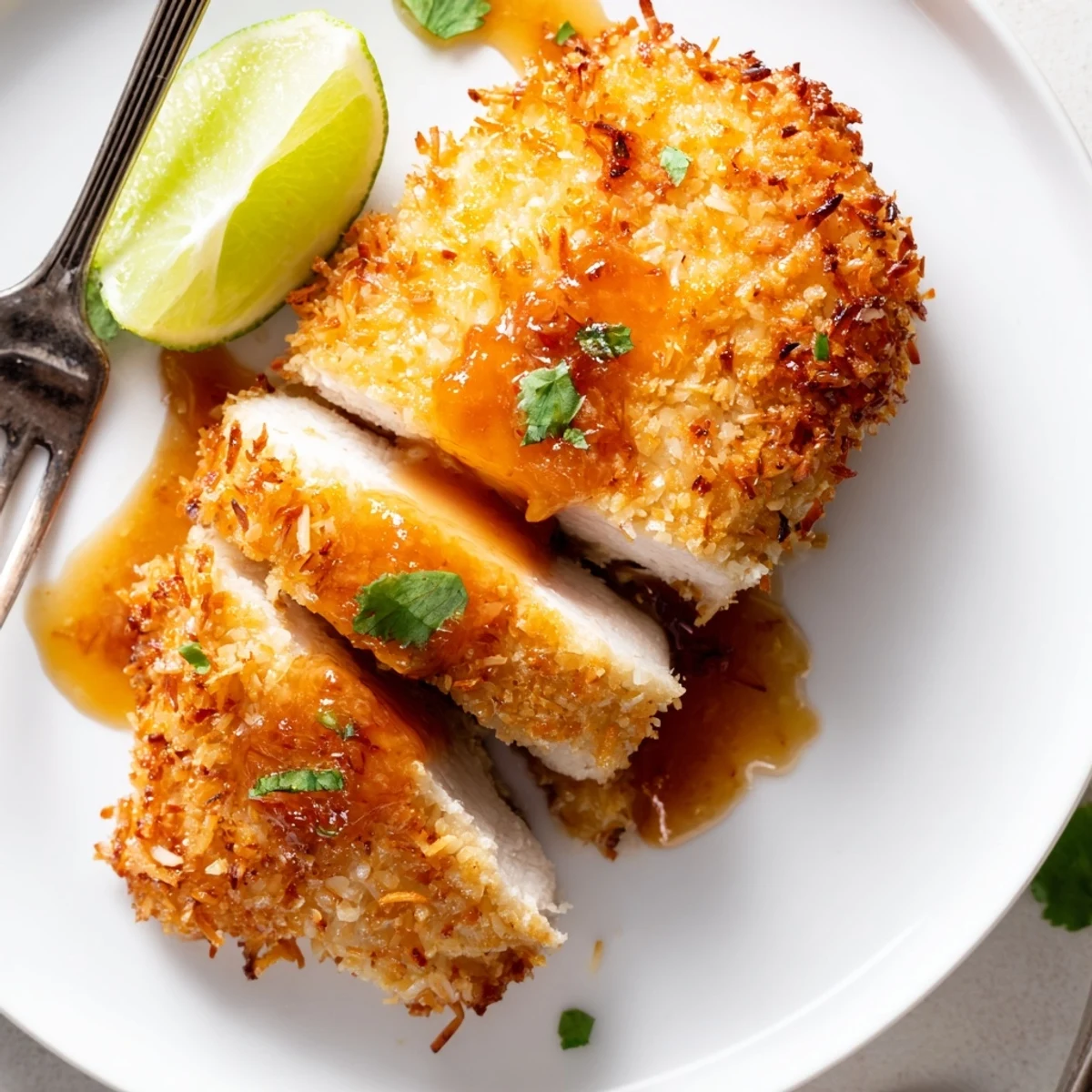 Coconut Chicken With Apricot Sauce on a plate, golden crunchy crust.
