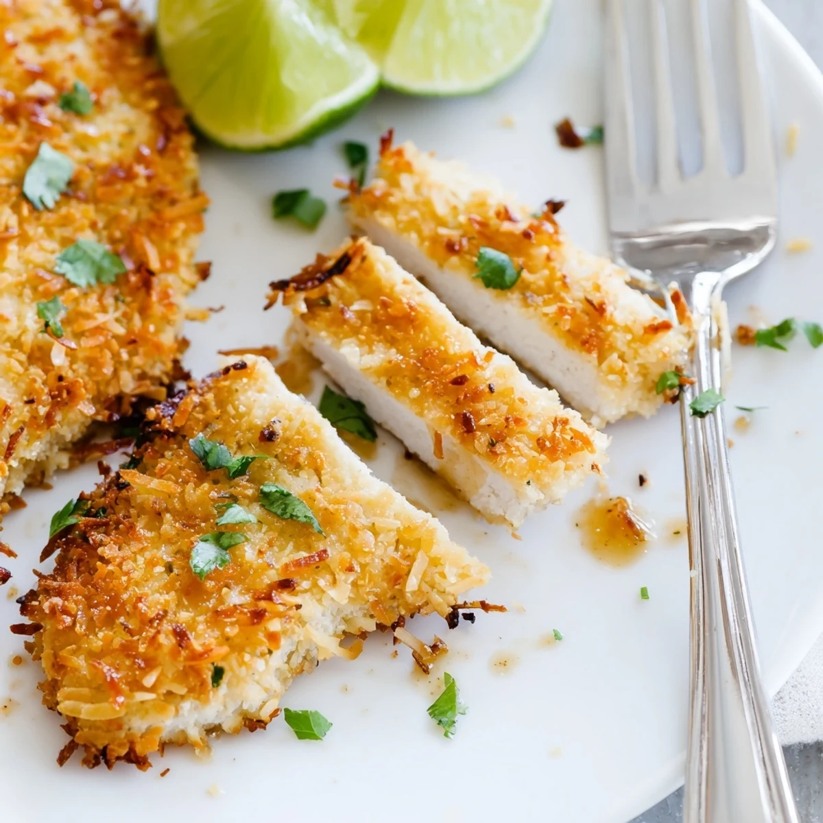 Coconut Chicken With Apricot Sauce served with jasmine rice and lime wedges.