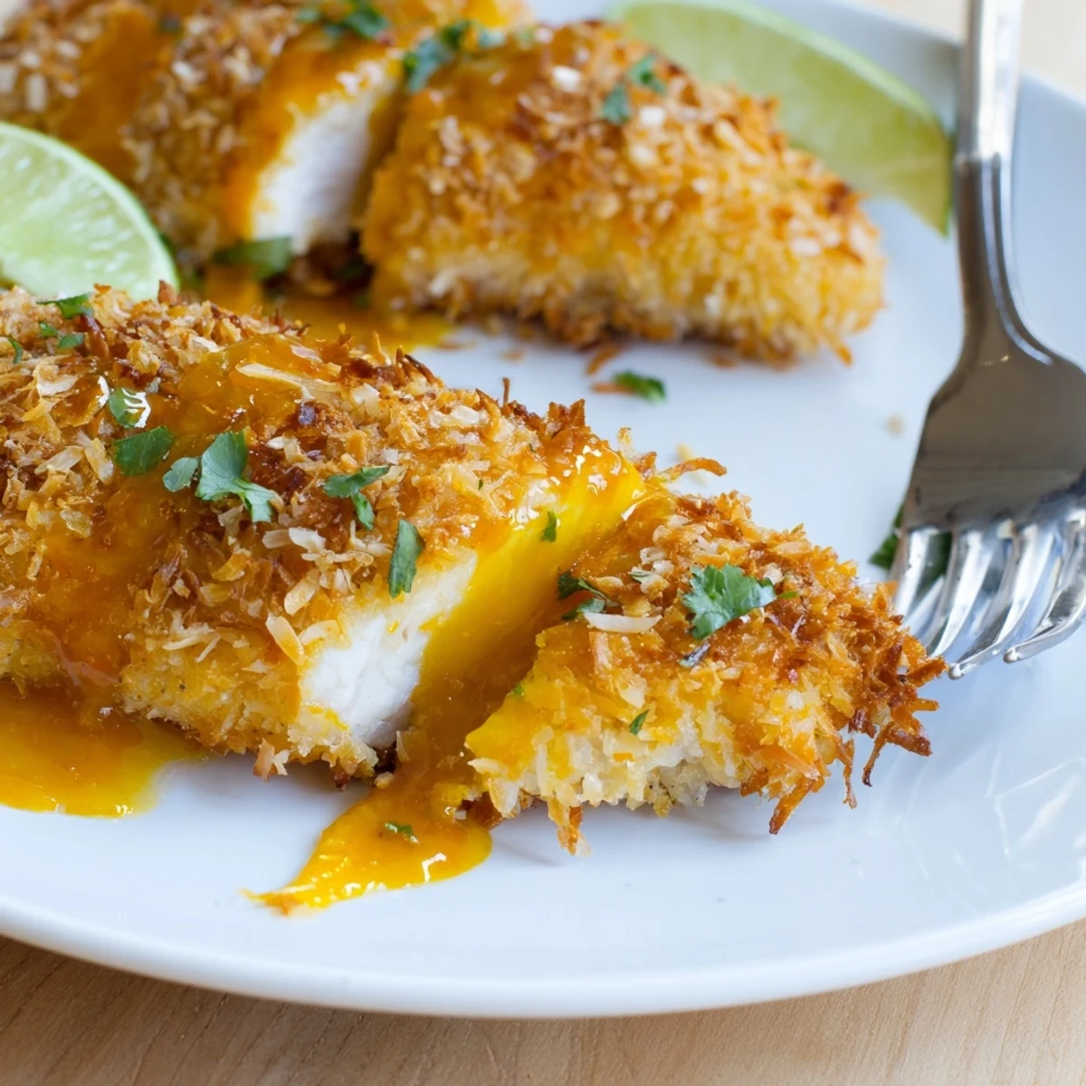 A plate of Coconut Chicken With Apricot Sauce, seared edges and glossy glaze.