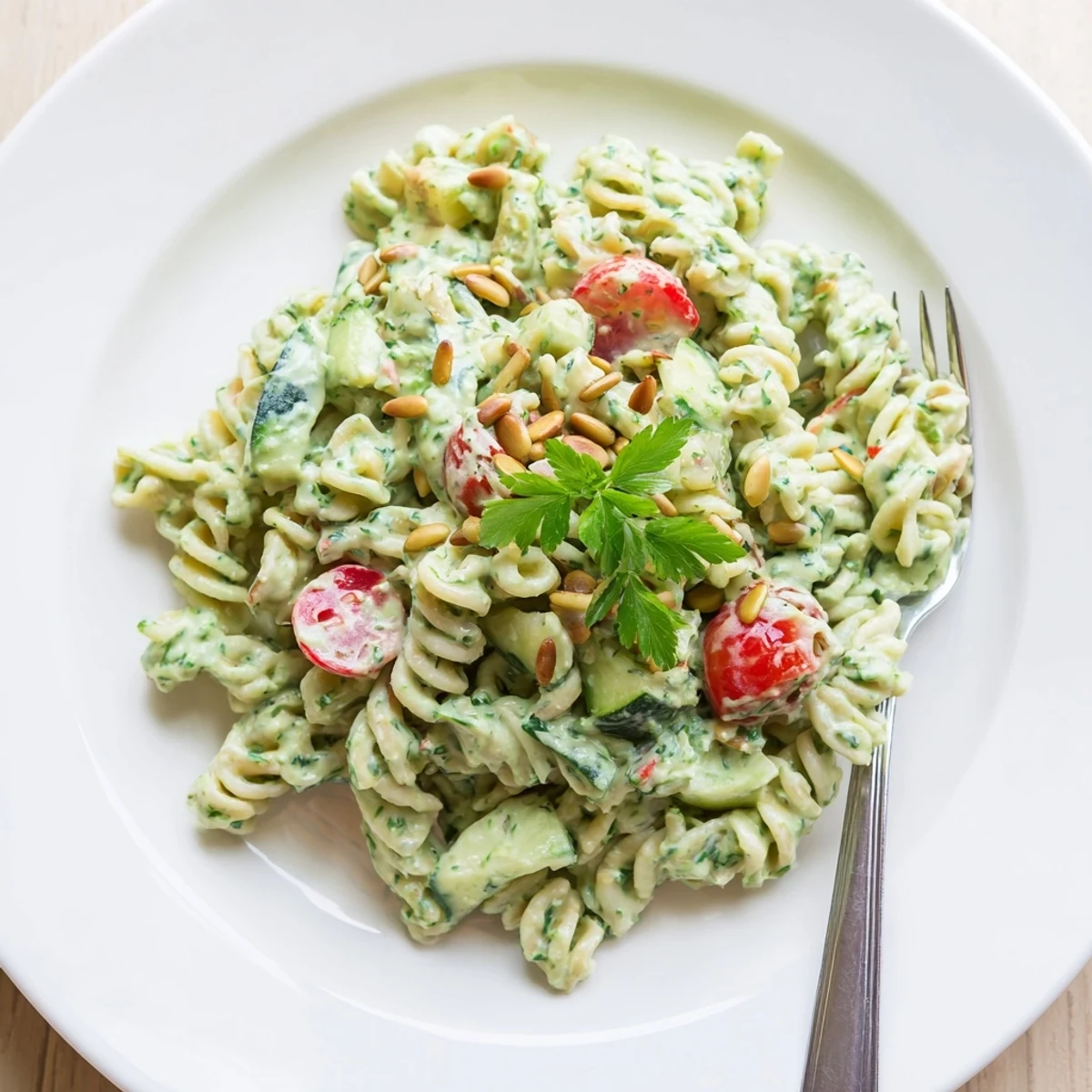 Creamy Green Goddess Pasta Salad with bright herbs, avocado, crunchy sugar snap peas
