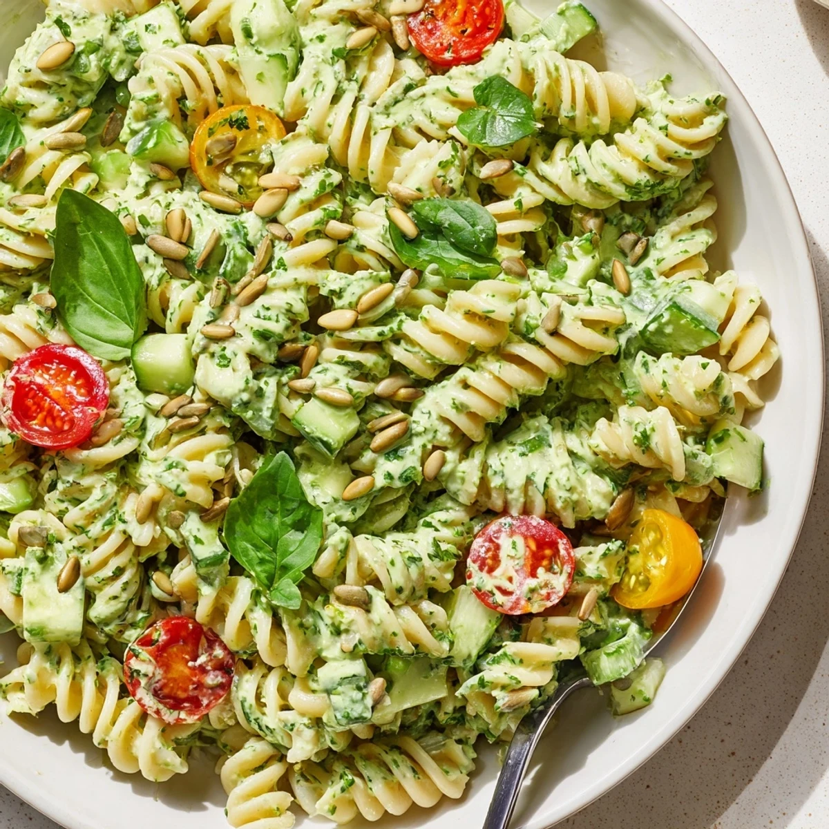 Chilled Green Goddess Pasta Salad tossed with lemony dressing, cherry tomatoes, toasted seeds