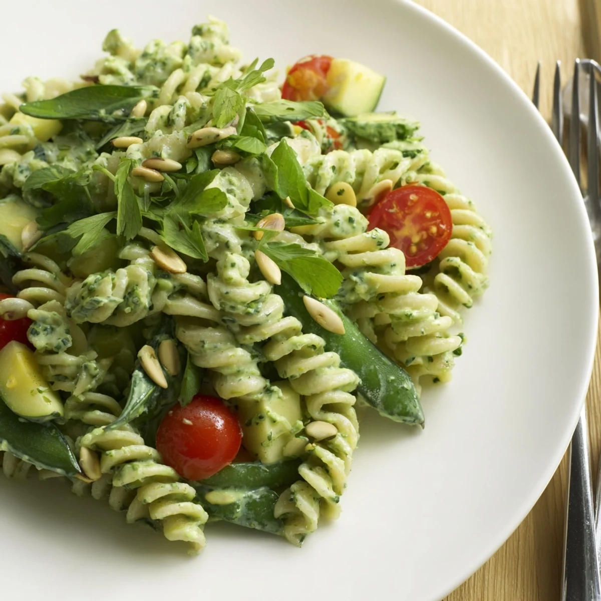 Weekday lunch Green Goddess Pasta Salad herbaceous and creamy fusilli tossed with scallions