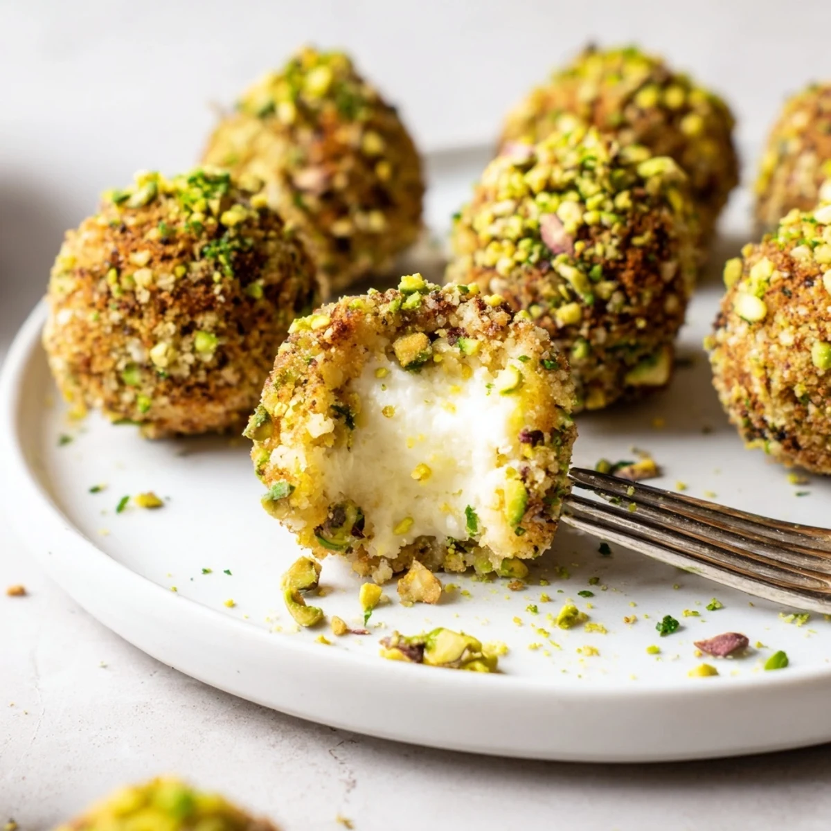Savory Pistachio Crusted Cheese Bites chilled on ice, lemon zest and chive garnish