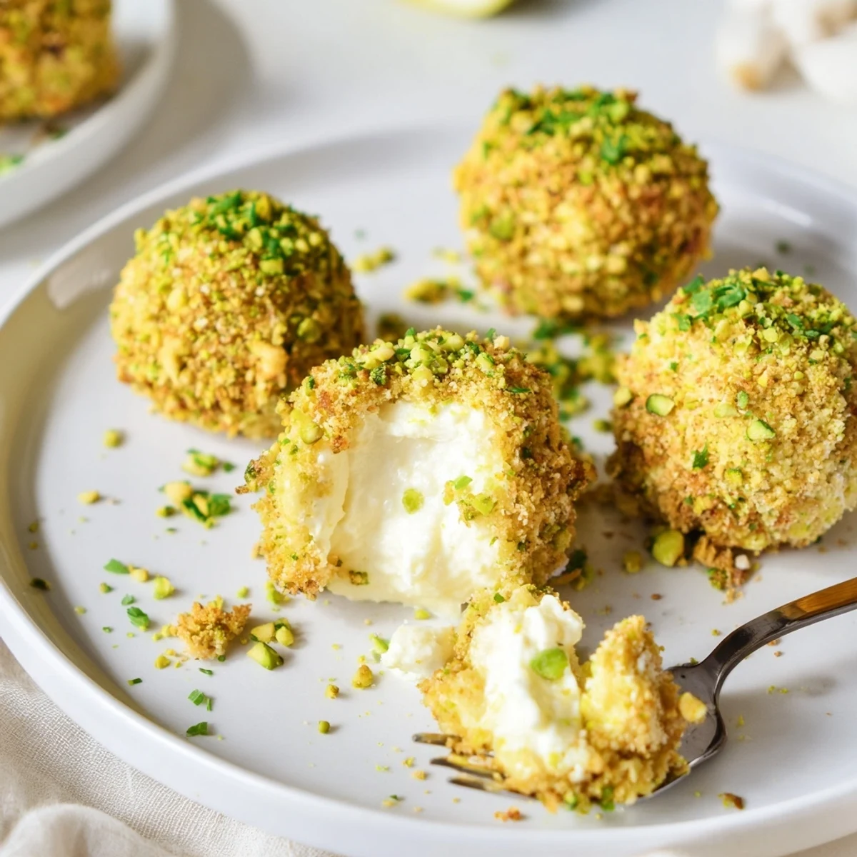 Savory Pistachio Crusted Cheese Bites rolled in green nuts, creamy centers visible