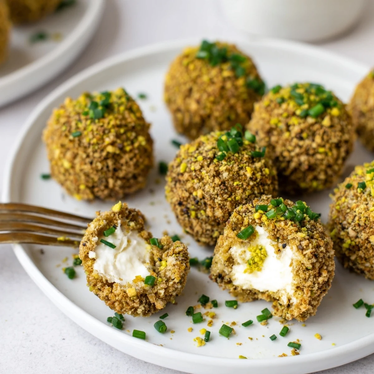 Savory Pistachio Crusted Cheese Bites nestled on a platter with crisp crostini
