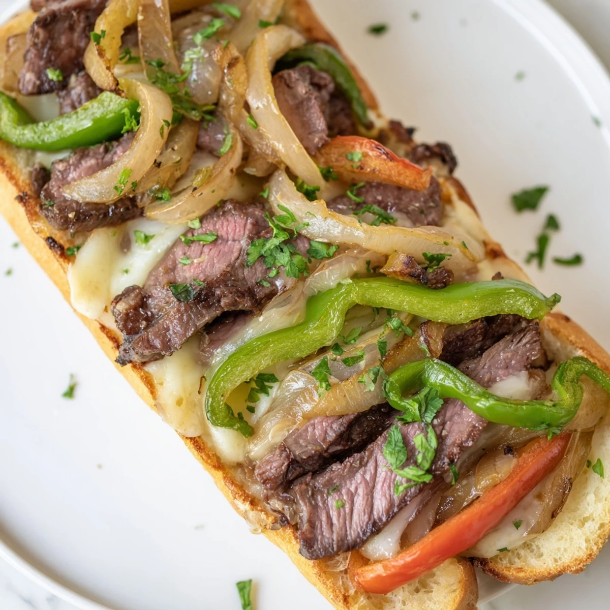 Toasted Philly Cheesesteak Garlic Bread topped with sauteed peppers and onions