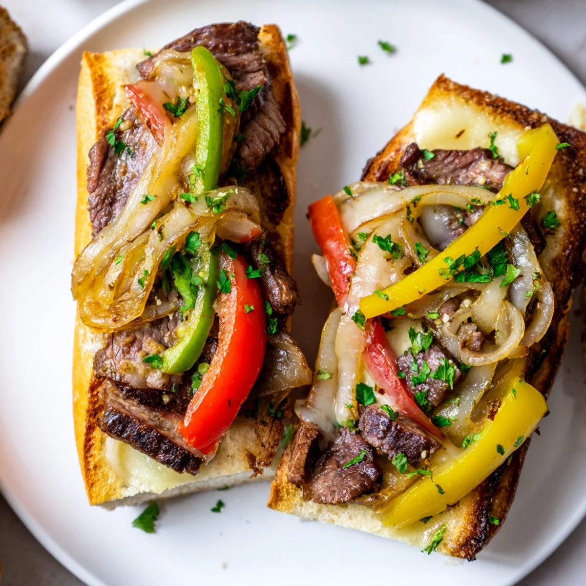 Crispy Philly Cheesesteak Garlic Bread served hot, garnished with parsley, perfect appetizer