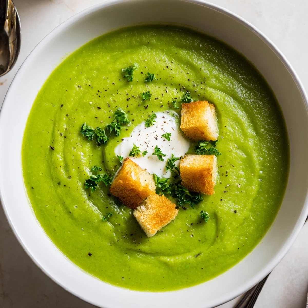 Bowl of Pea Soup, silky green puree topped with parsley and croutons.
