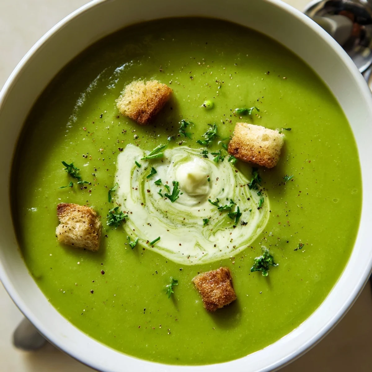 Rustic Pea Soup steaming in pot, sauteed onions and garlic aroma.