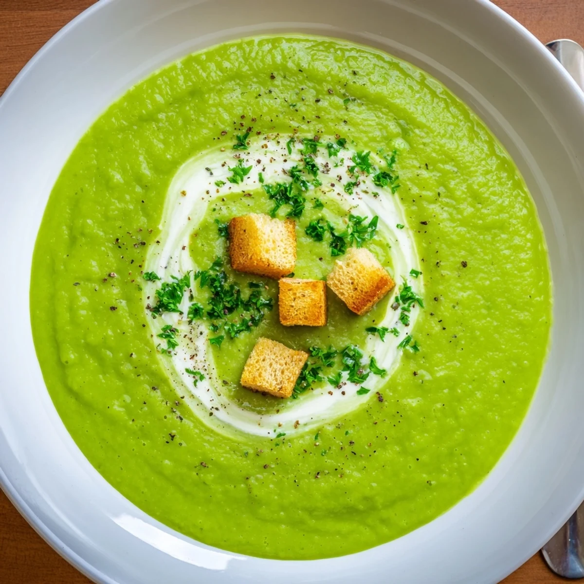 Comforting Pea Soup ladled into bowl, finished with creme fraiche swirl.