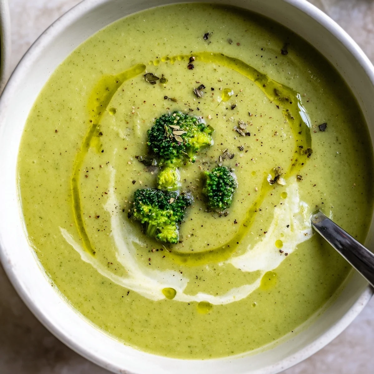 Broccoli Soup ladled beside crusty bread and toasted seeds for crunch