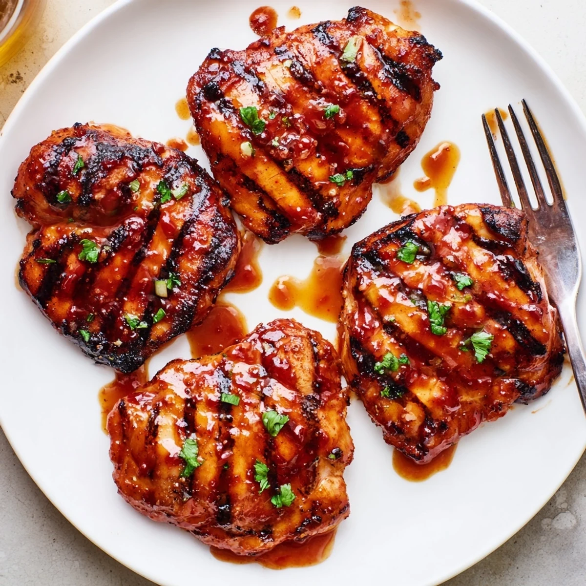 Grilled Honey Buffalo Chicken Thighs glazed sticky sweet, caramelized edges, sprinkled with parsley.
