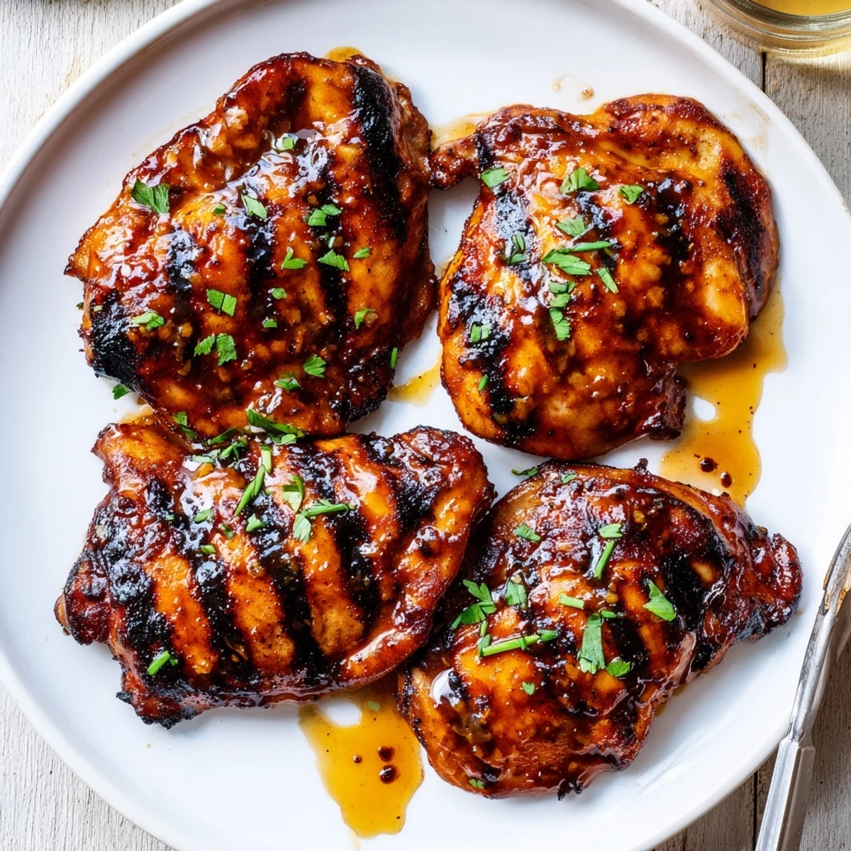 Resting on a platter, Grilled Honey Buffalo Chicken Thighs honey drizzled, with celery sticks.