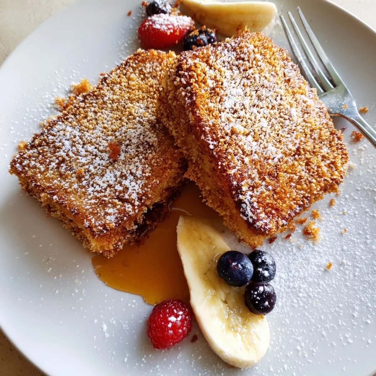 Skillet-fried Coconut Crusted French Toast showing custardy center and toasty coconut