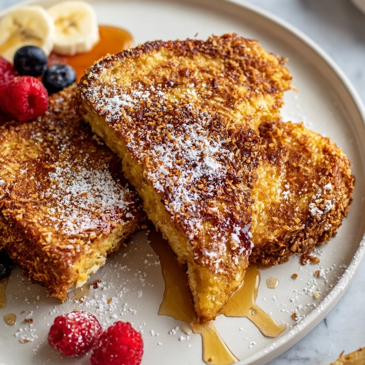 Brunch-ready Coconut Crusted French Toast, crispy coconut coating garnished with sliced bananas
