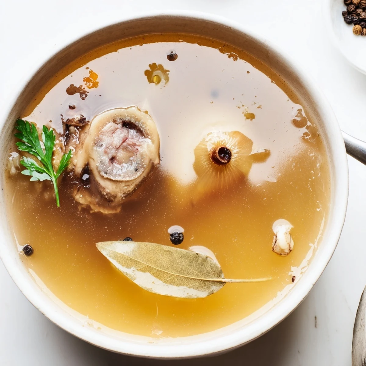 Warm Beef Bone Broth ladled into mug, gelatinous sheen and herb garnish