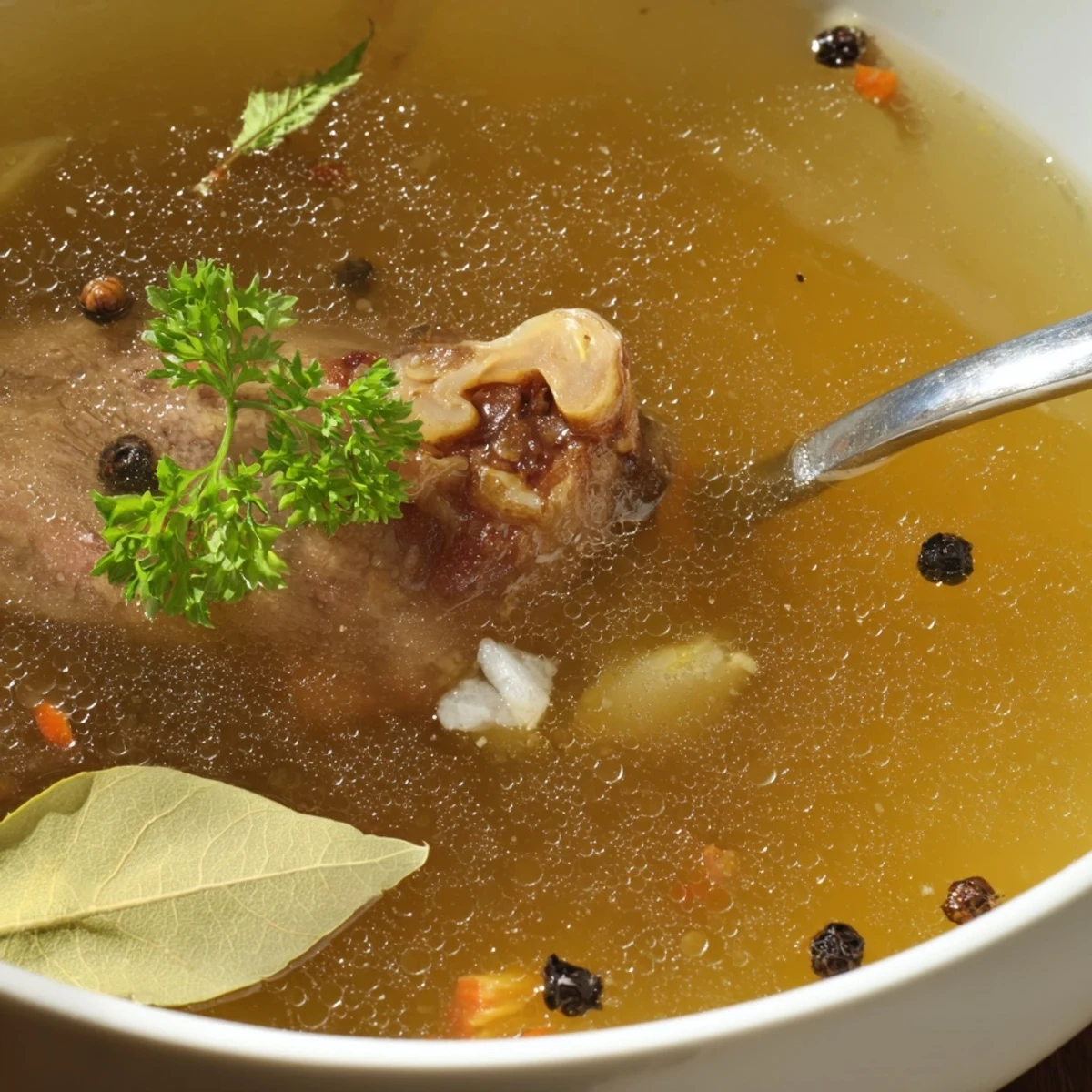 Roasted marrow bones simmering: Beef Bone Broth strained, rich color, cozy