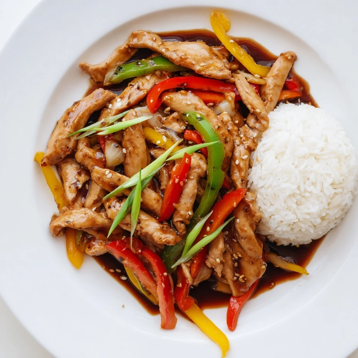 Quick Pepper Chicken Stir Fry with glossy sauce, tender chicken, crisp peppers.