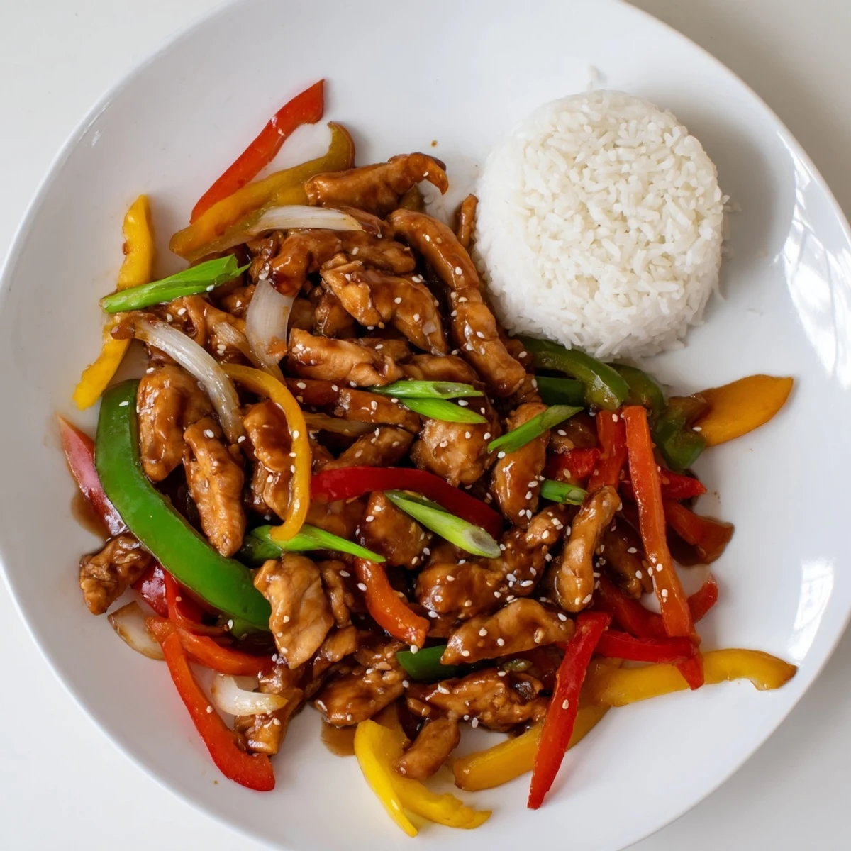 Weeknight-ready Quick Pepper Chicken Stir Fry tossed in savory sauce, garnished with scallions.