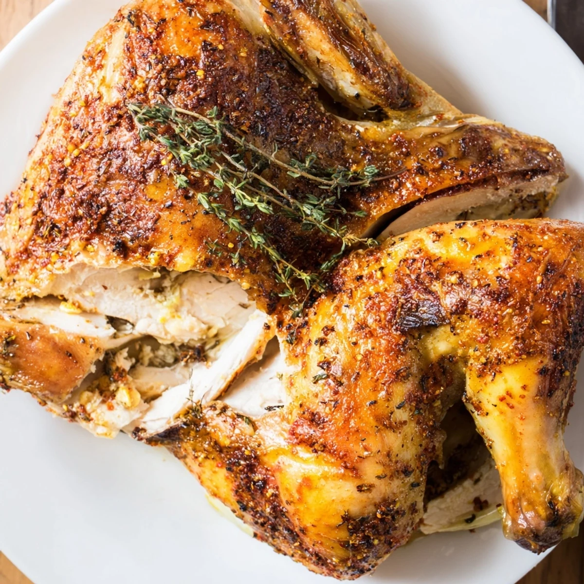 Buttermilk Roasted Chicken with golden, crisp skin resting on cutting board  