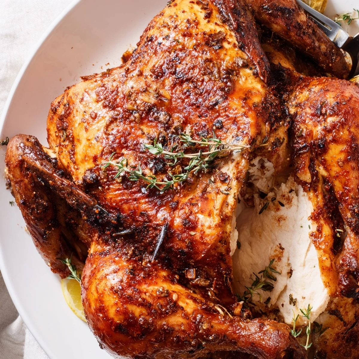 A spatchcocked Buttermilk Roasted Chicken juicy inside, lemon zest and herbs  