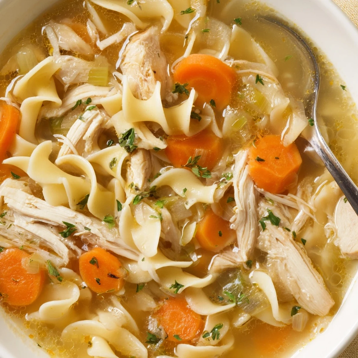 Chicken Noodle Soup steaming in bowl with tender chicken, carrots, parsley.