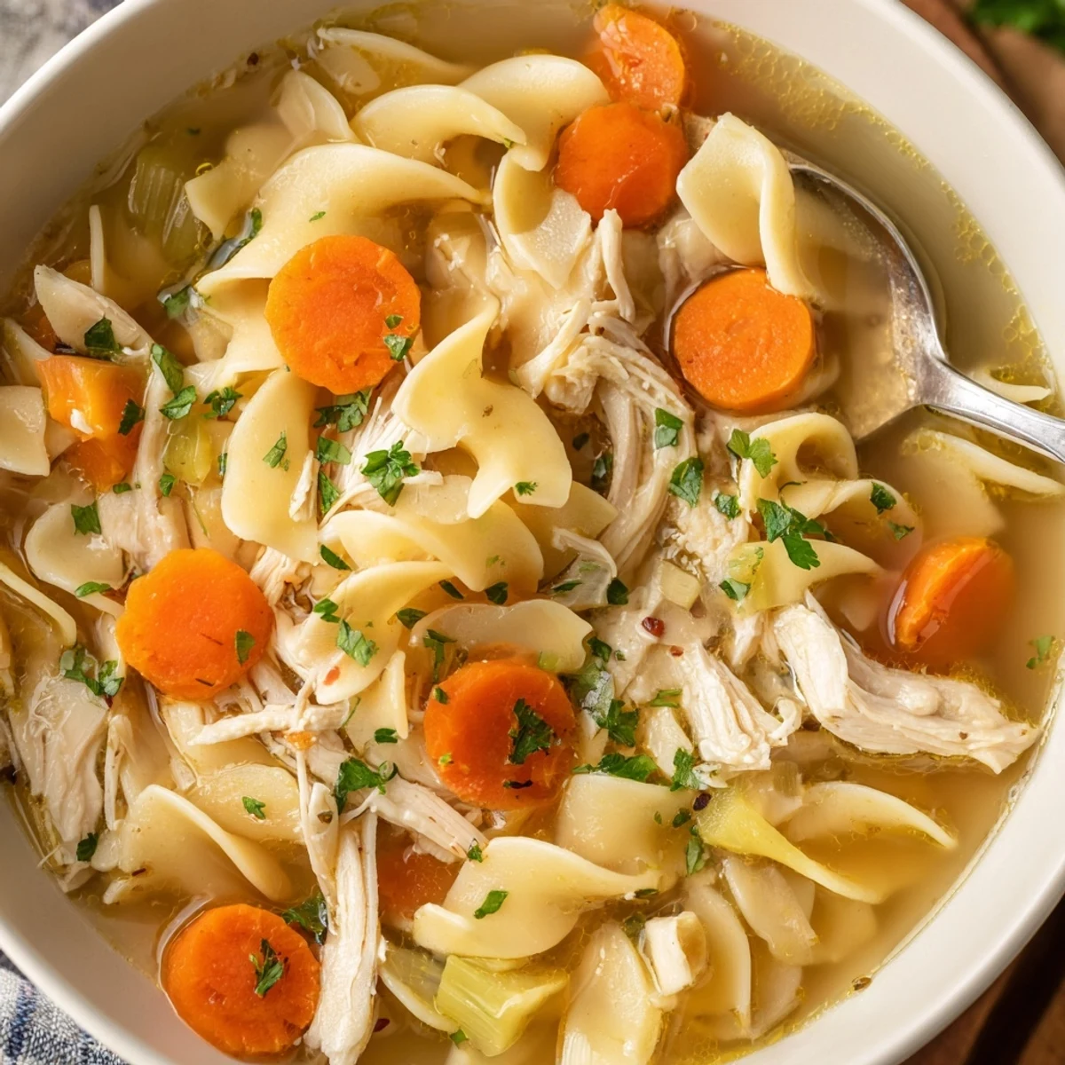 Bowl of homemade Chicken Noodle Soup, savory broth, egg noodles glistening.