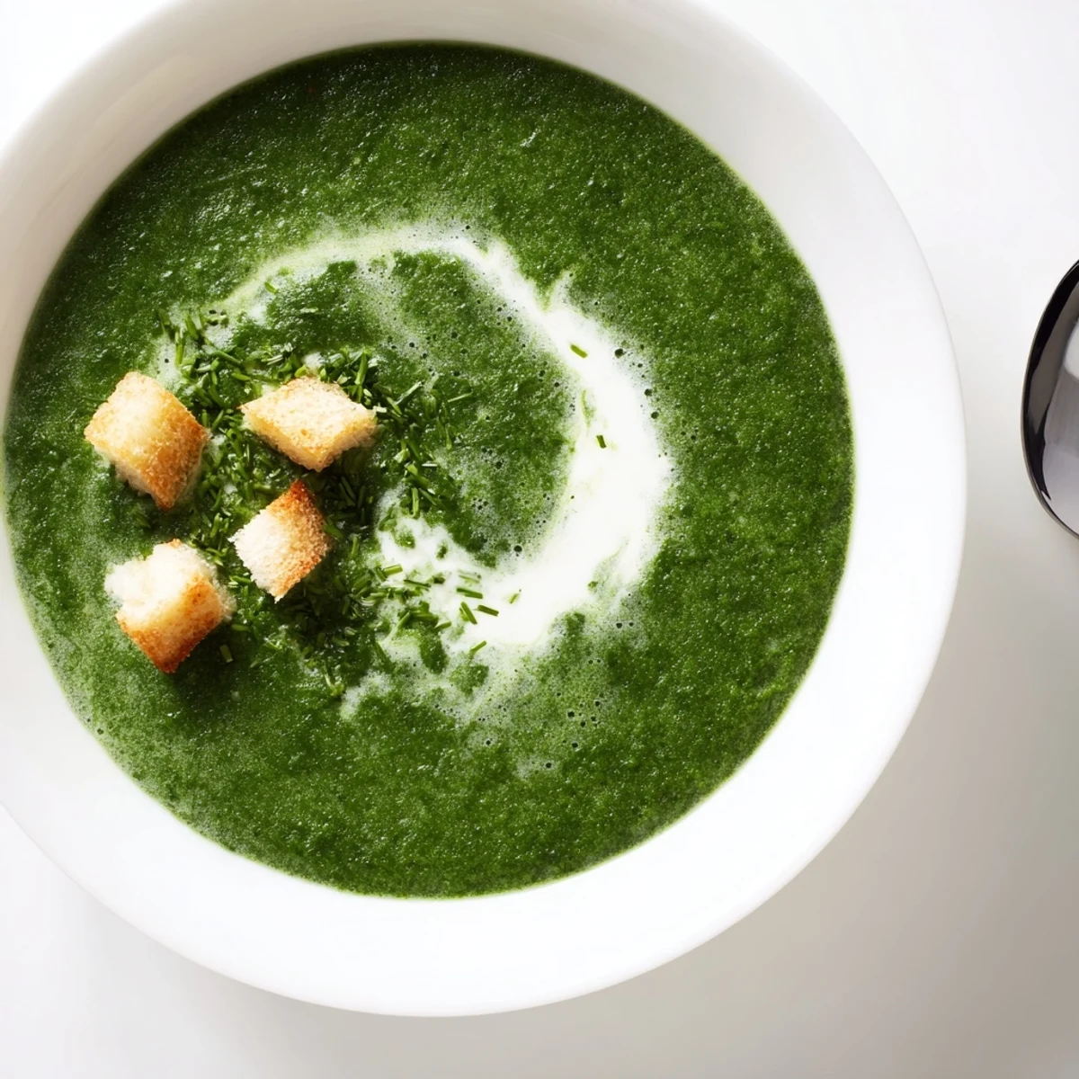 Creamy Spinach Soup in a bowl with swirl of cream and croutons