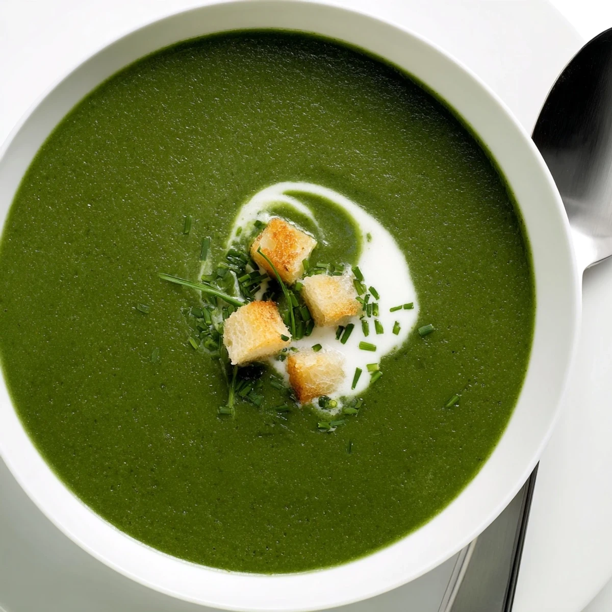 Velvety green Spinach Soup steaming on wooden table beside crusty bread