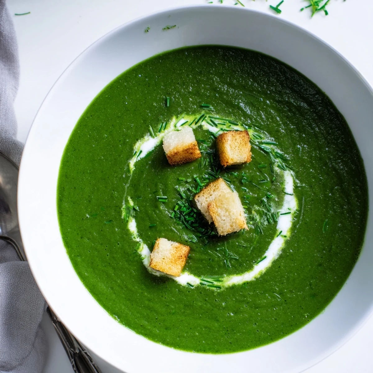 Homemade Spinach Soup garnished with chives, nutmeg aroma and toasted croutons