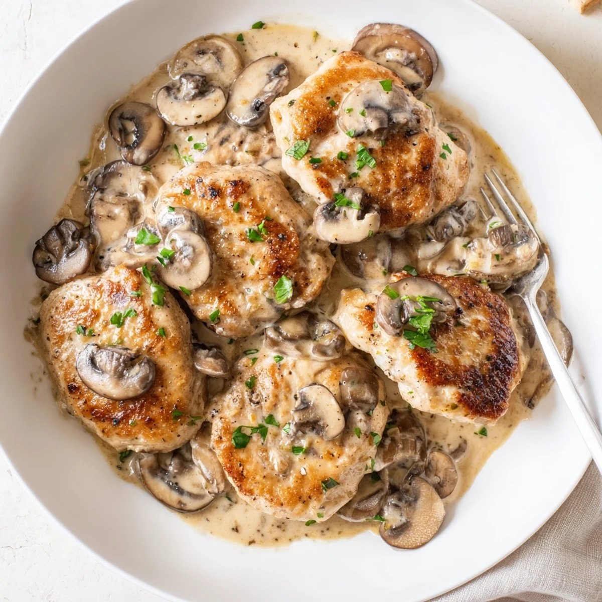 Creamy weeknight skillet, Skillet Chicken And Mushroom Sauce spooned over buttery mashed potatoes
