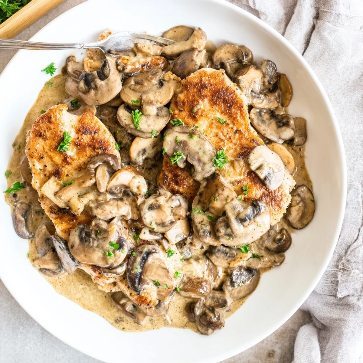 Skillet Chicken And Mushroom Sauce steaming, golden chicken nestled in rich cream